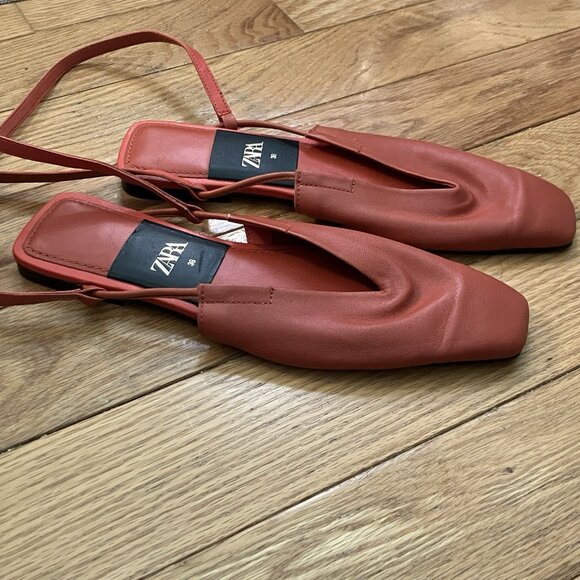 Zara Leather Flats Womens EU 38 US 7.5 Rust Orange Square Toe Strap Ballet - Picture 4 of 9